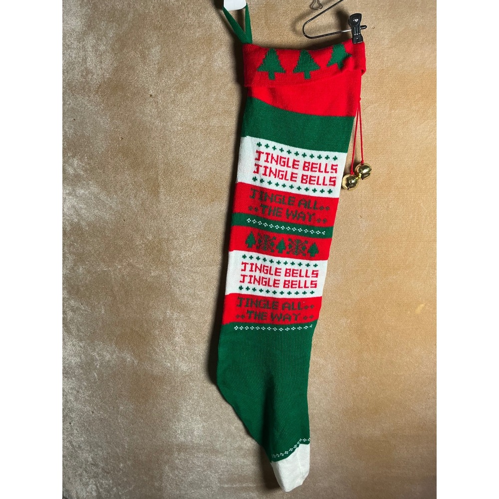 Christmas Stocking Jingle Bells Jingle All‎ The Way Red Green White Knit Bells
